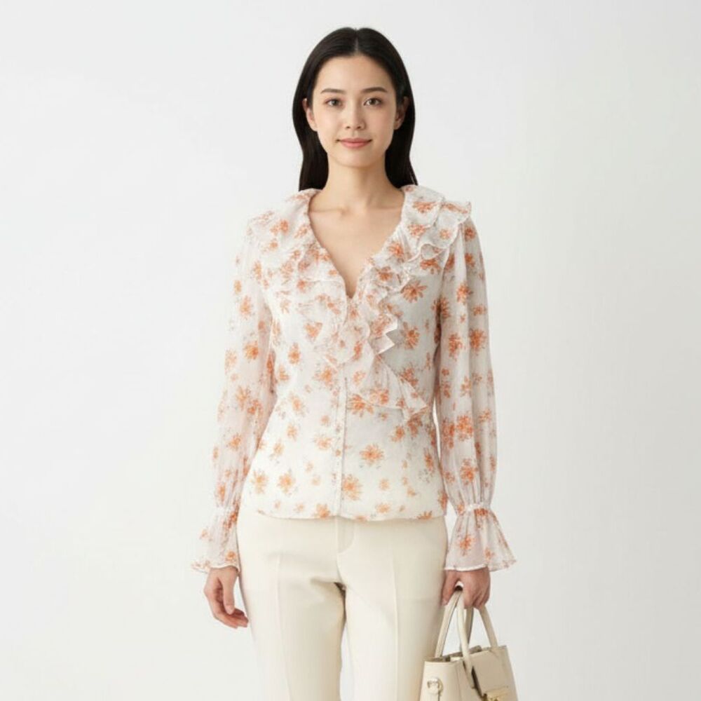 Free People White & Orange Floral Long Sleeve Ruffle Wrap Blouse Top‎ L